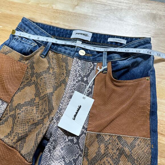 Frame NWT Le Mini Boot Snakeskin Leather Patchwork Front Jeans Size 25 Mid Rise - Picture 10 of 12